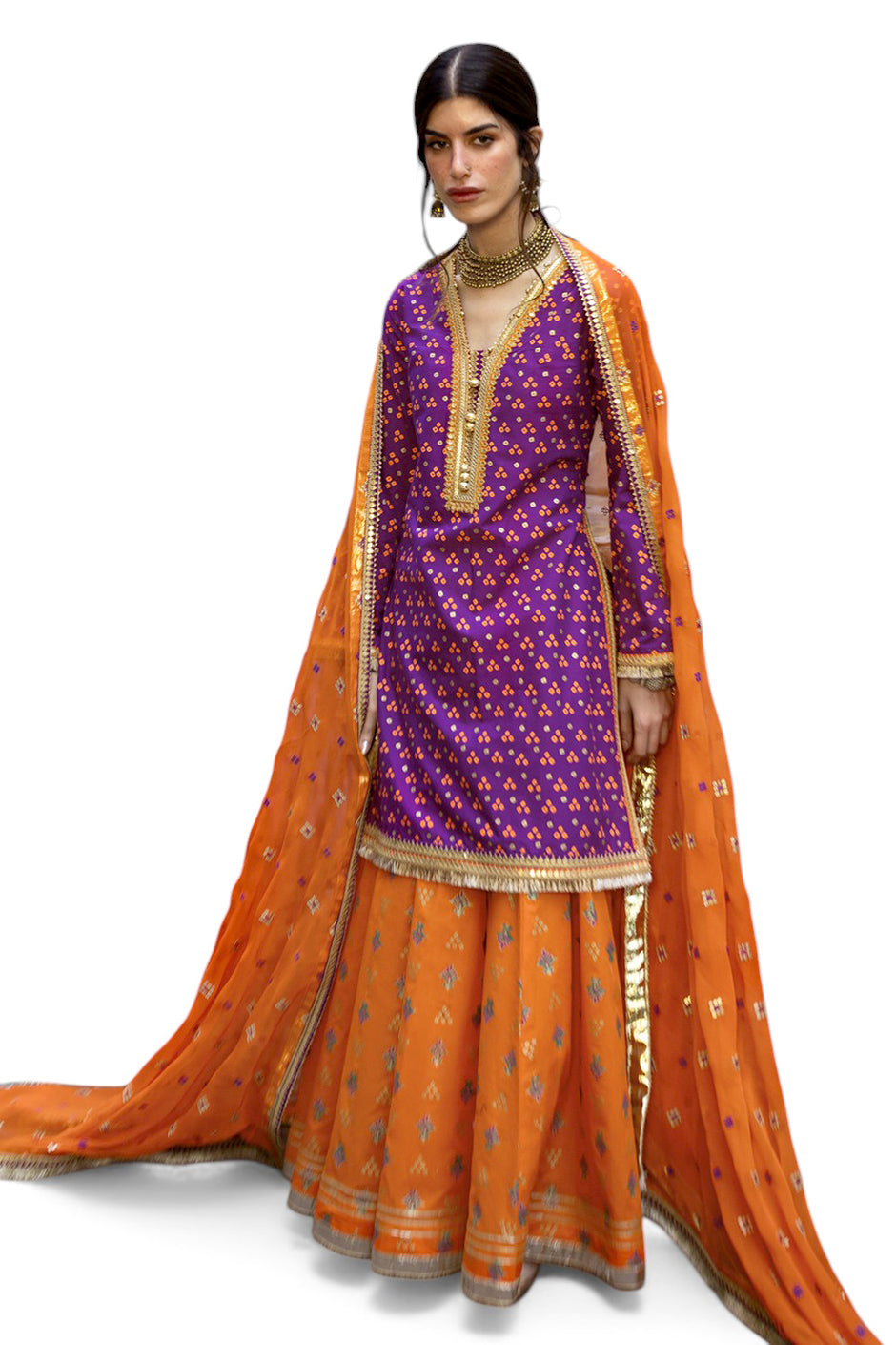 3 Piece Gold and Lacquer Printed Lawn Suit with Embroidered Chiffon Dupatta and Gold and Lacquer Printed Trouser BM-62028