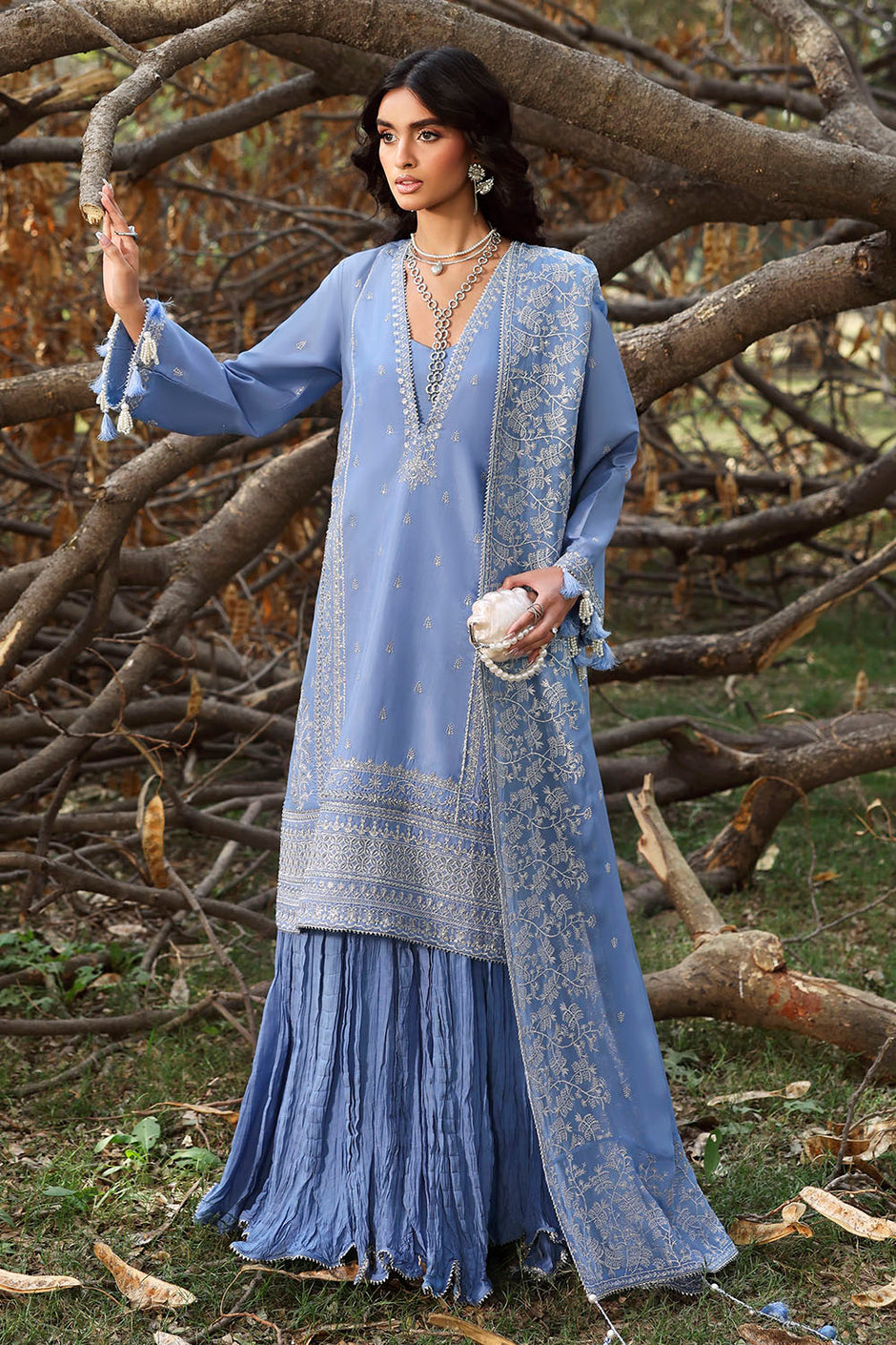 3 Piece Embroidered Raw Silk Suit with Embroidered Chiffon Dupatta