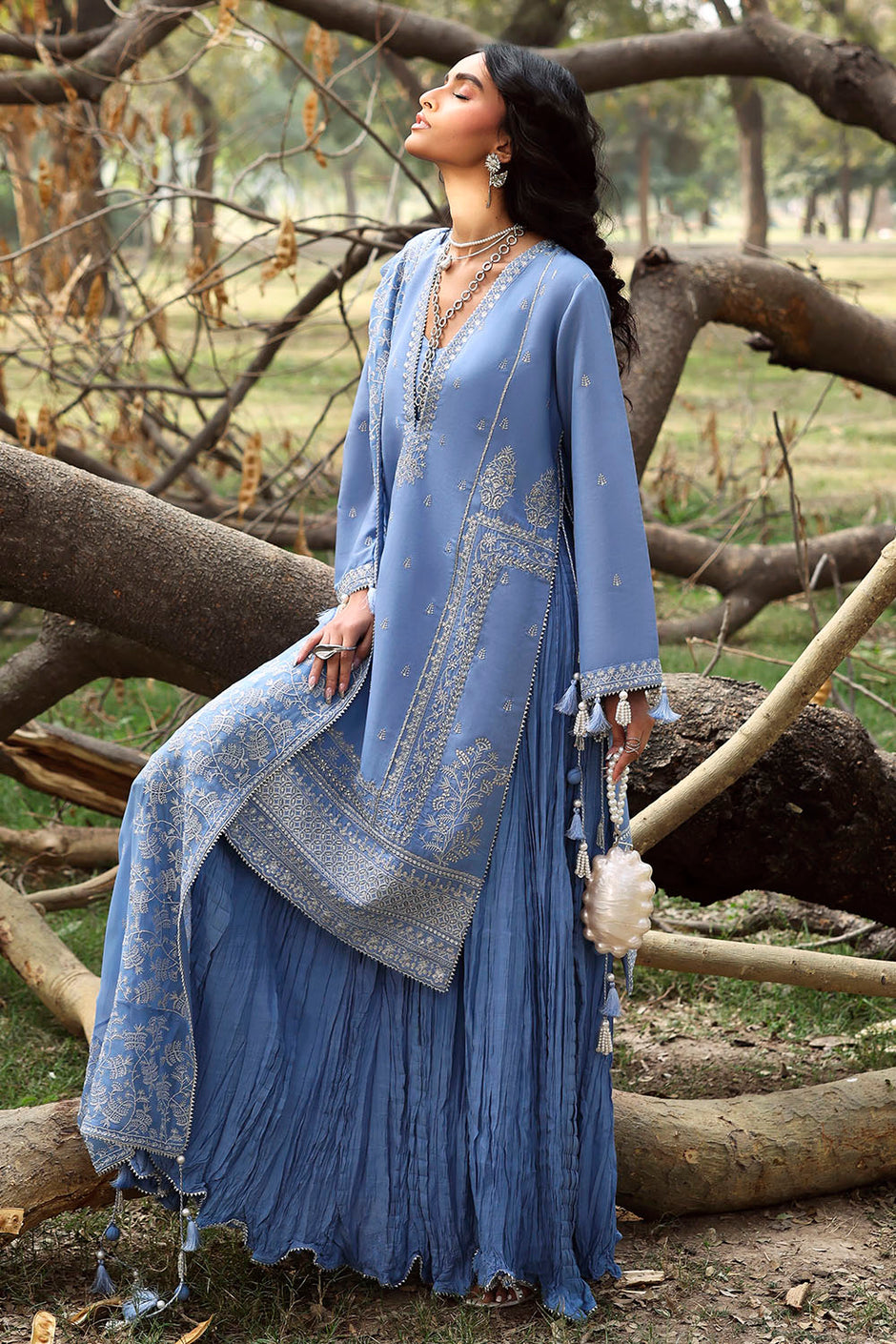 3 Piece Embroidered Raw Silk Suit with Embroidered Chiffon Dupatta