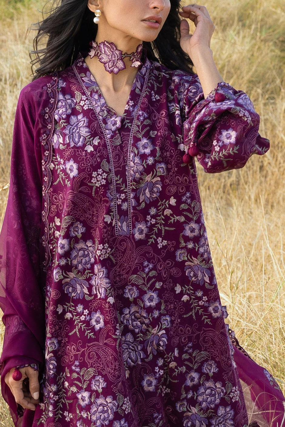 3 Piece Embroidered Swiss Voile Suit with Embroidered Chiffon Dupatta