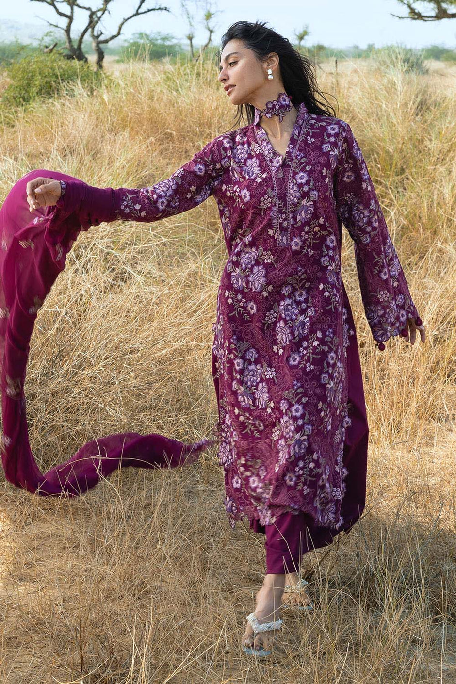 3 Piece Embroidered Swiss Voile Suit with Embroidered Chiffon Dupatta