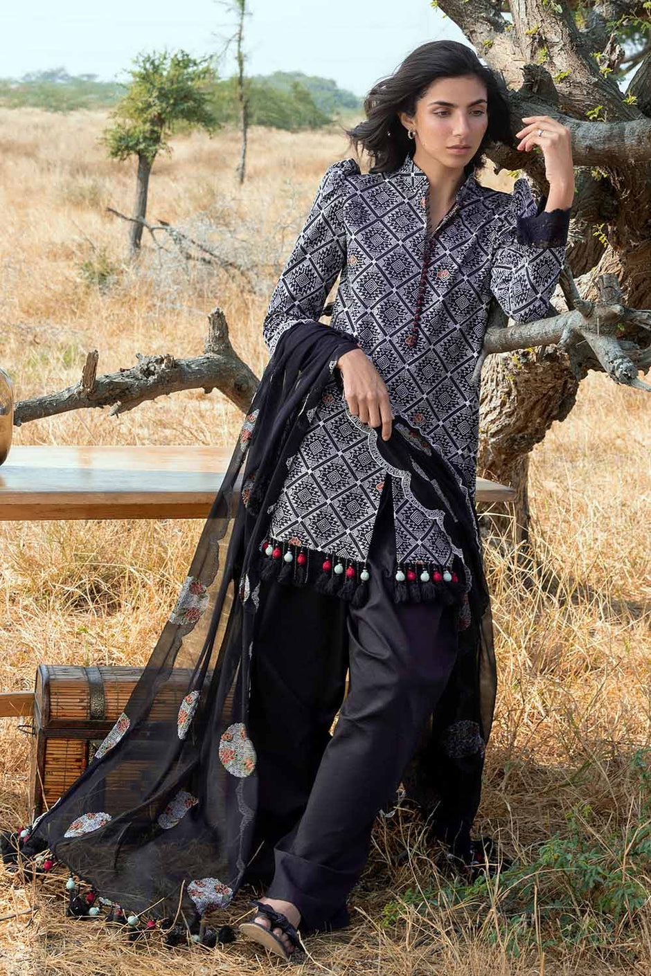 3 Piece Embroidered Swiss Voile Suit with Embroidered Chiffon Dupatta