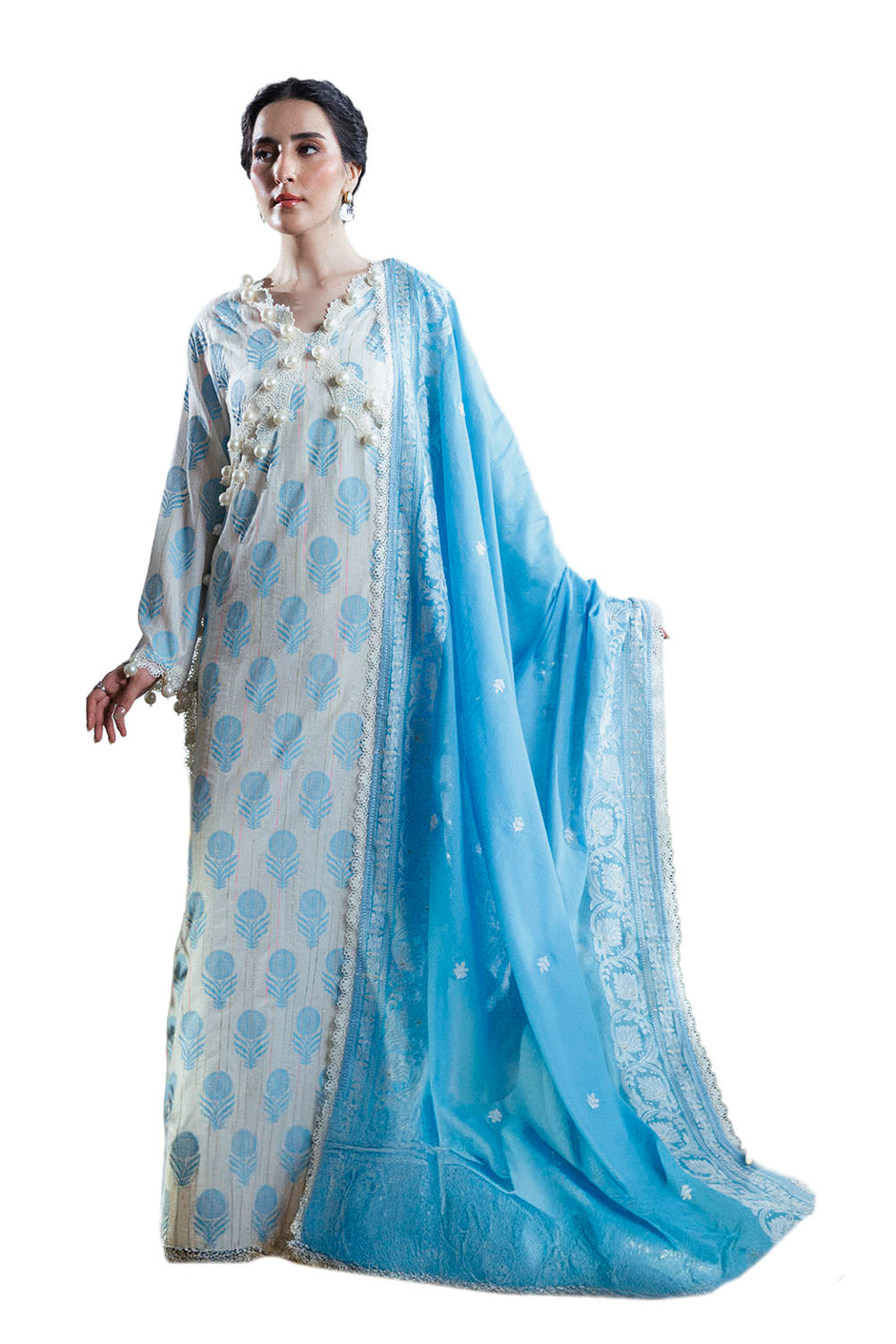 3 Piece Lacquer Printed Slub Yarn Suit with Embroidered Dupatta FE-52066