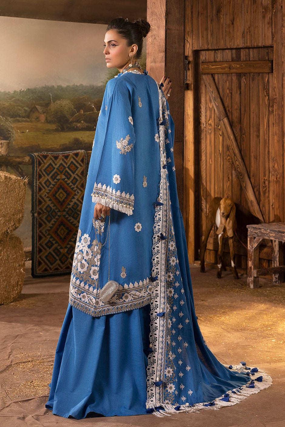 3 Piece Embroidered Khaddar Suit with Organza Neckline and Dupatta
