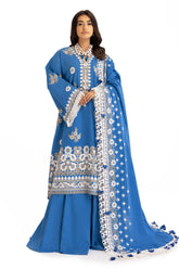 3 Piece Embroidered Khaddar Suit with Organza Neckline and Dupatta K-52017