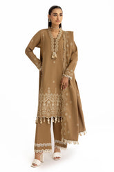 3 Piece Embroidered Khaddar Suit with Organza Neckline and Dupatta K-52034