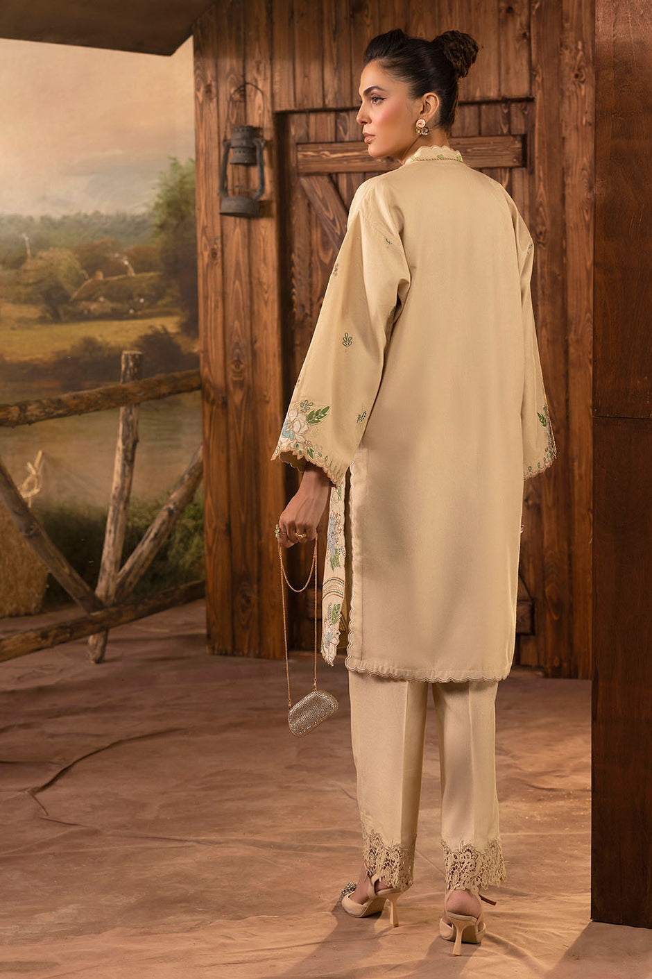 2 Piece Embroidered Karandi Suit with Organza Border