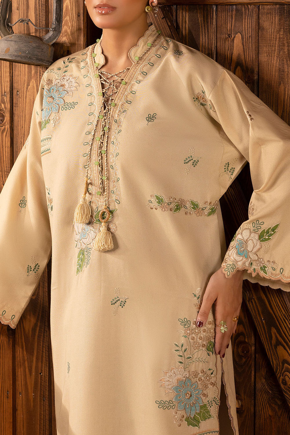 2 Piece Embroidered Karandi Suit with Organza Border