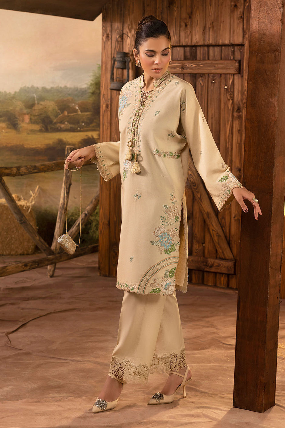 2 Piece Embroidered Karandi Suit with Organza Border