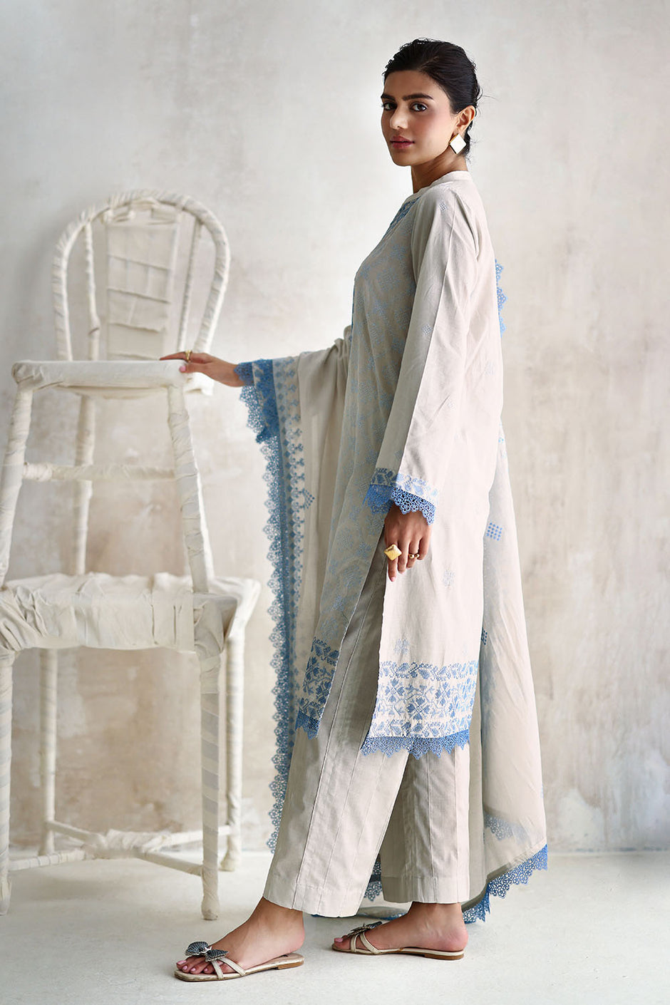 3 Piece Embroidered Lawn Suit with Embroidered Lawn Dupatta and Neckline
