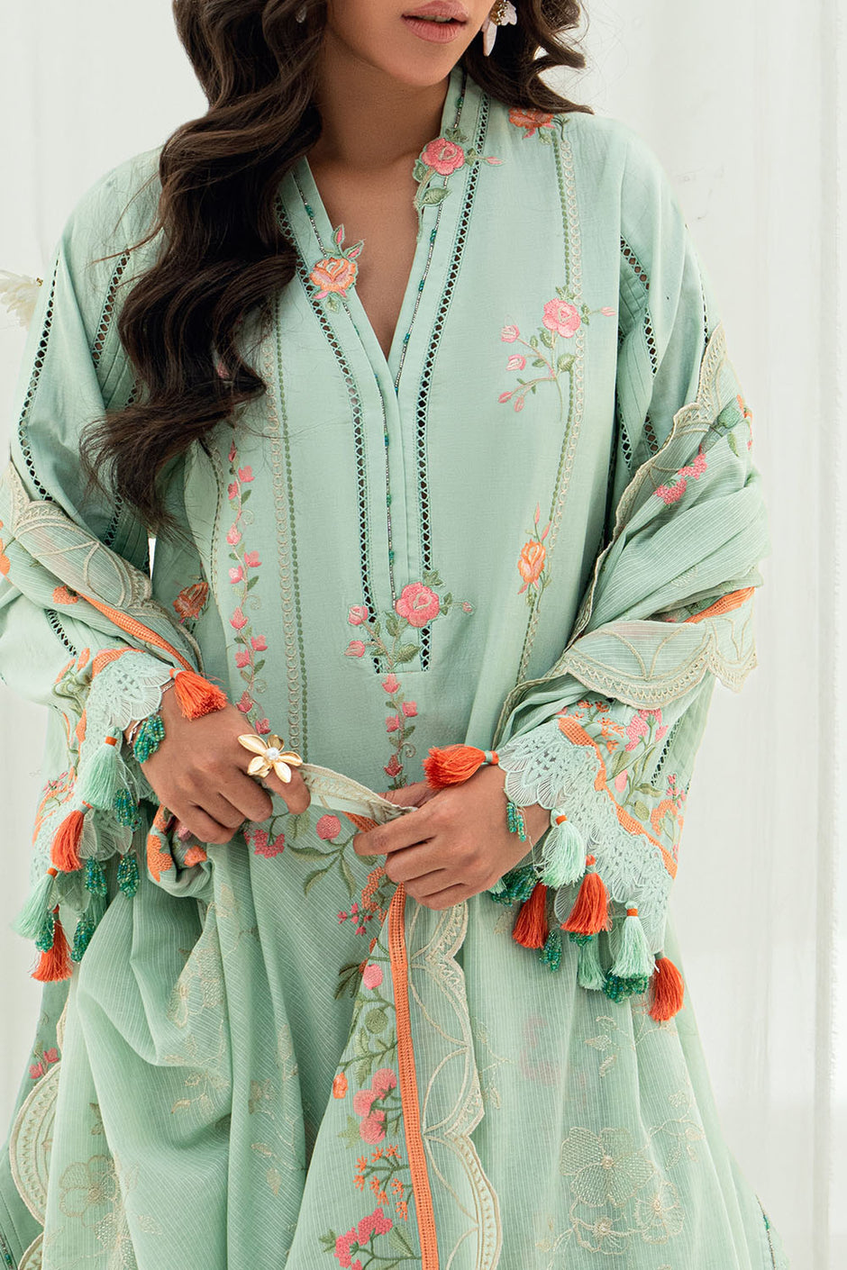 3 Piece Embroidered Lawn Suit with Embroidered Denting Dupatta