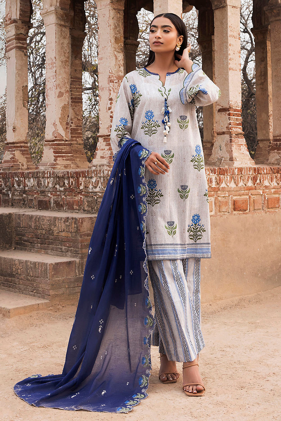 3 Piece Printed Lawn Suit with Embroidered Denting Dupatta and Printed Trouser
