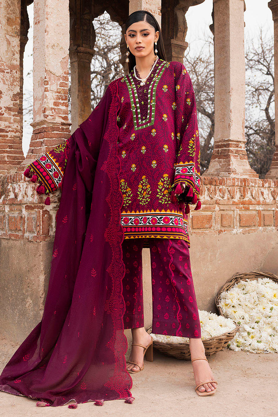 3 Piece Printed Lawn Suit with Embroidered Denting Dupatta and Printed Trouser