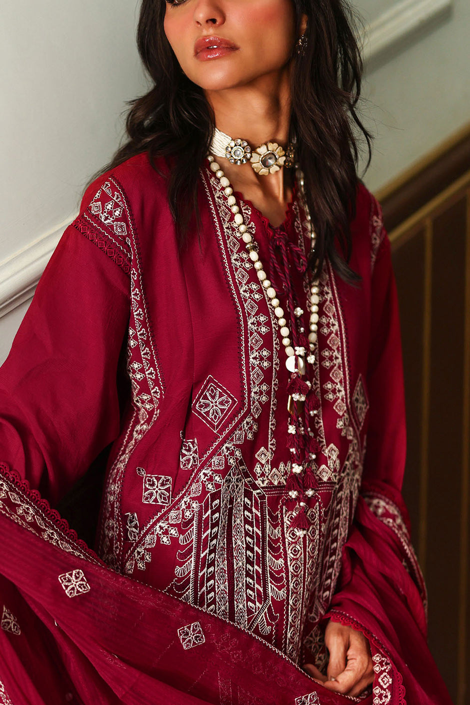 3 Piece Embroidered Raw Silk Suit with Borders and Embroidered Polyester Dupatta