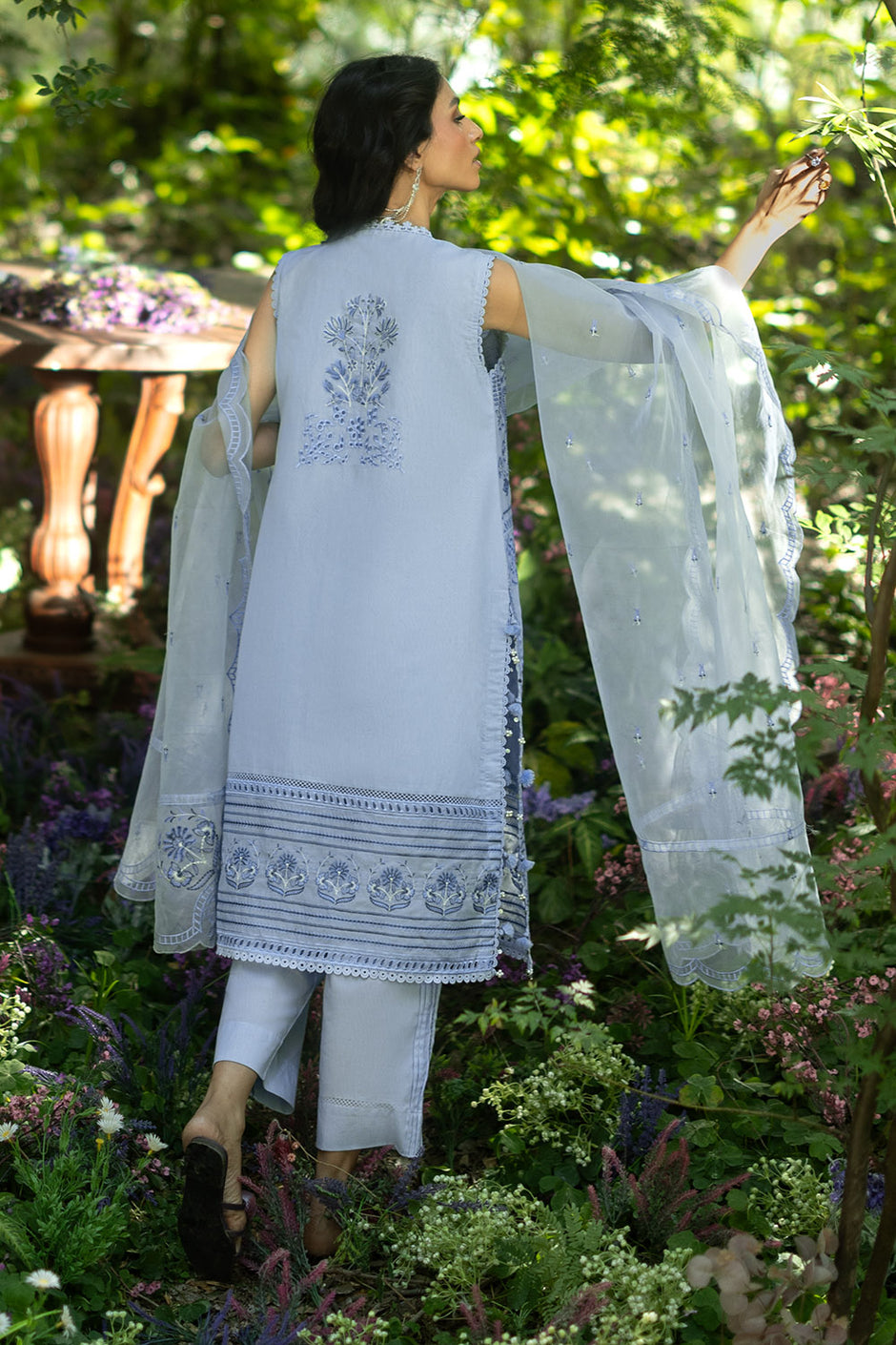 3 Piece Embroidered Paper Cotton Suit with Inner and Embroidered Borders and Embroidered Organza Dupatta