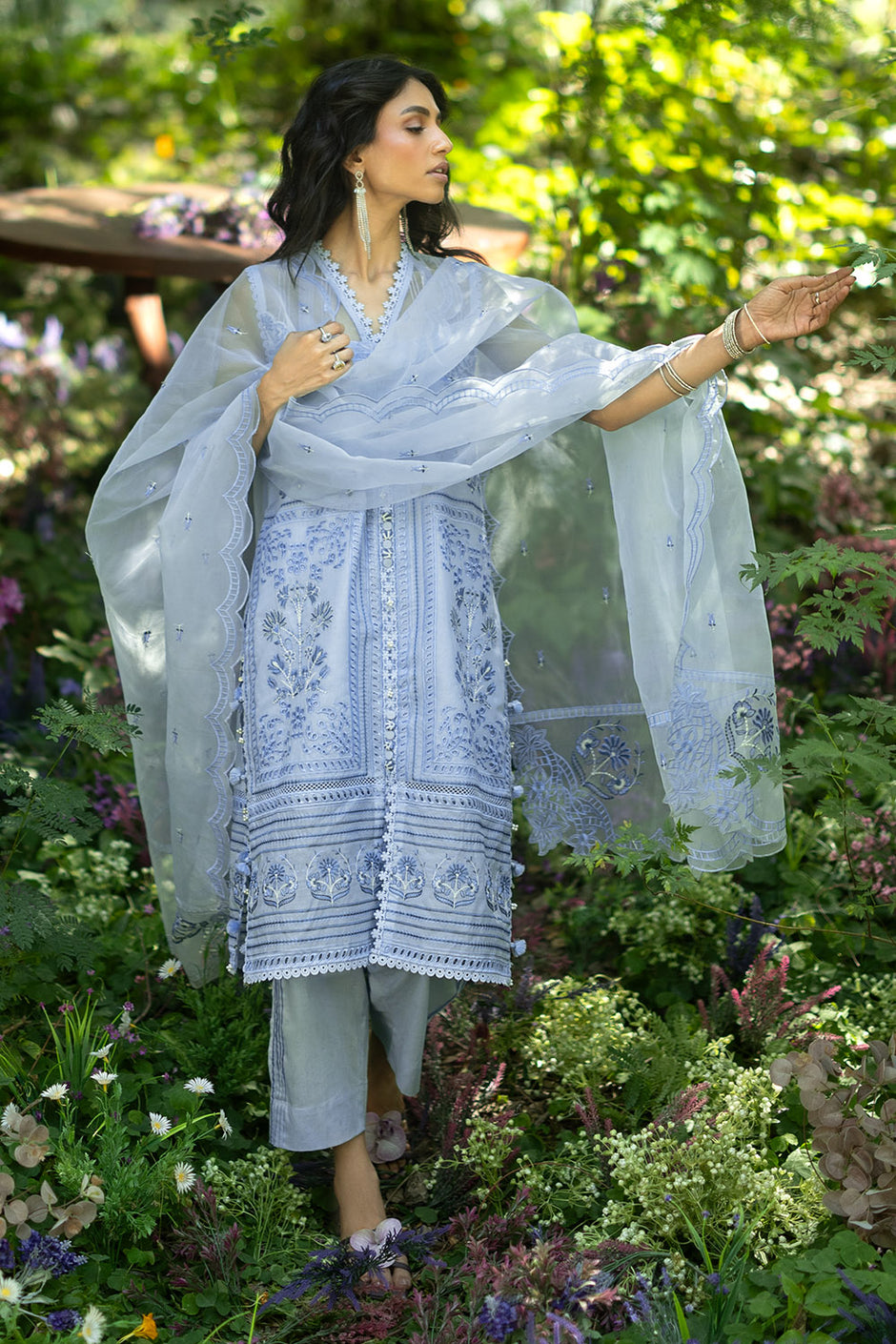 3 Piece Embroidered Paper Cotton Suit with Inner and Embroidered Borders and Embroidered Organza Dupatta