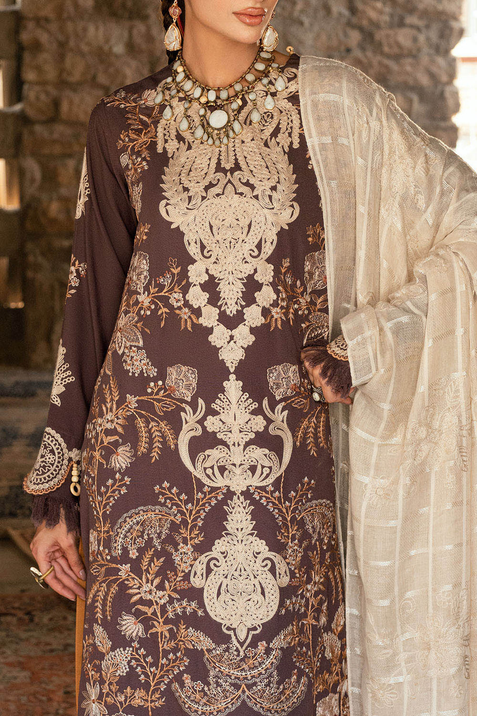 3 Piece Embroidered Pashmina Suit with Embroidered Karandi Shirt and Dyed Trouser