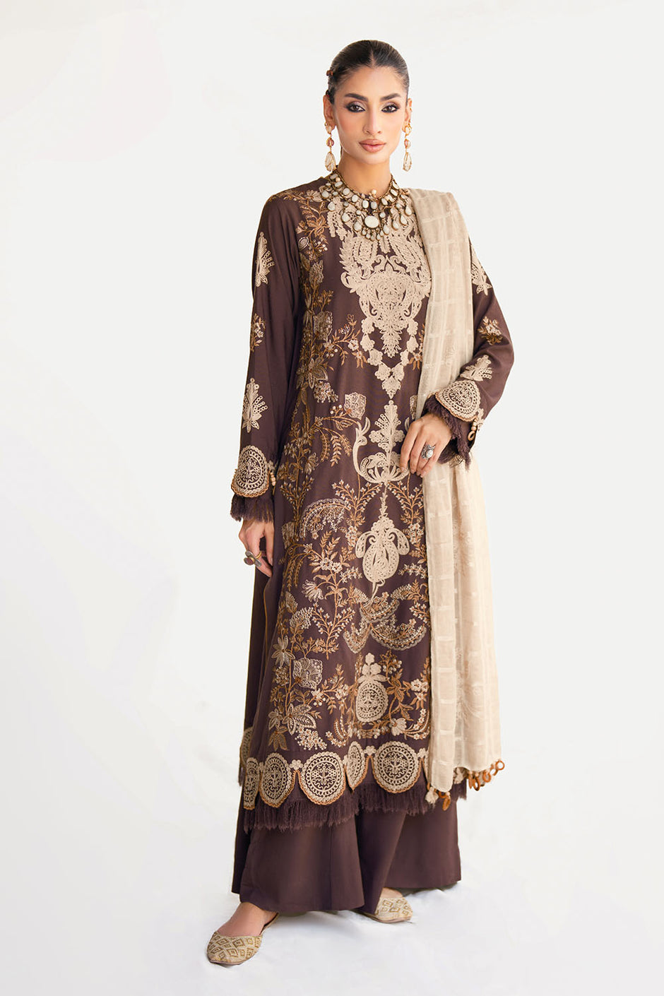 3 Piece Embroidered Pashmina Suit with Embroidered Karandi Shirt and Dyed Trouser