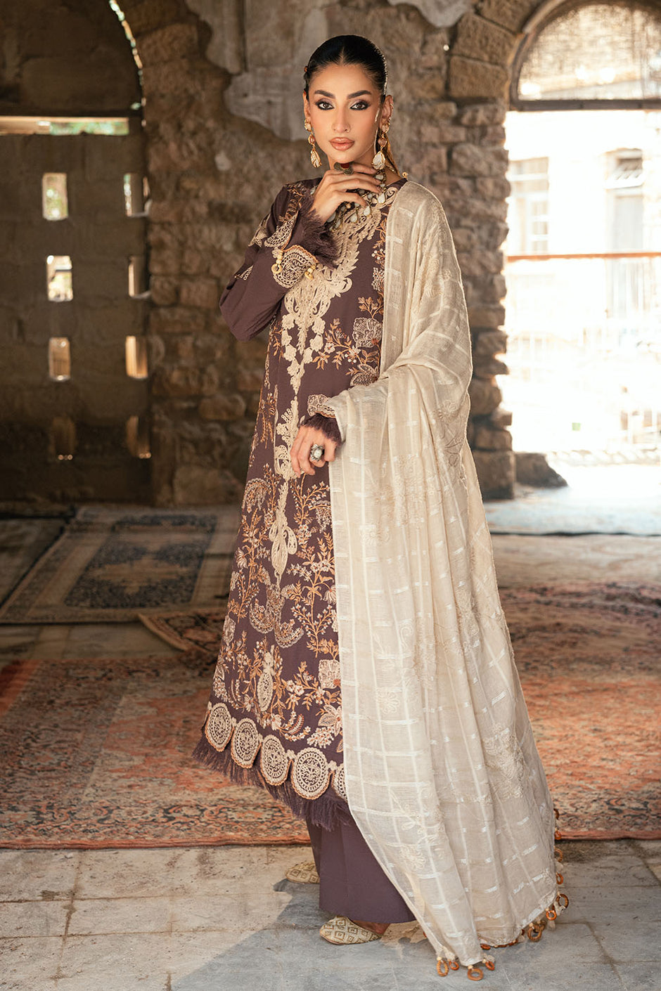 3 Piece Embroidered Pashmina Suit with Embroidered Karandi Shirt and Dyed Trouser