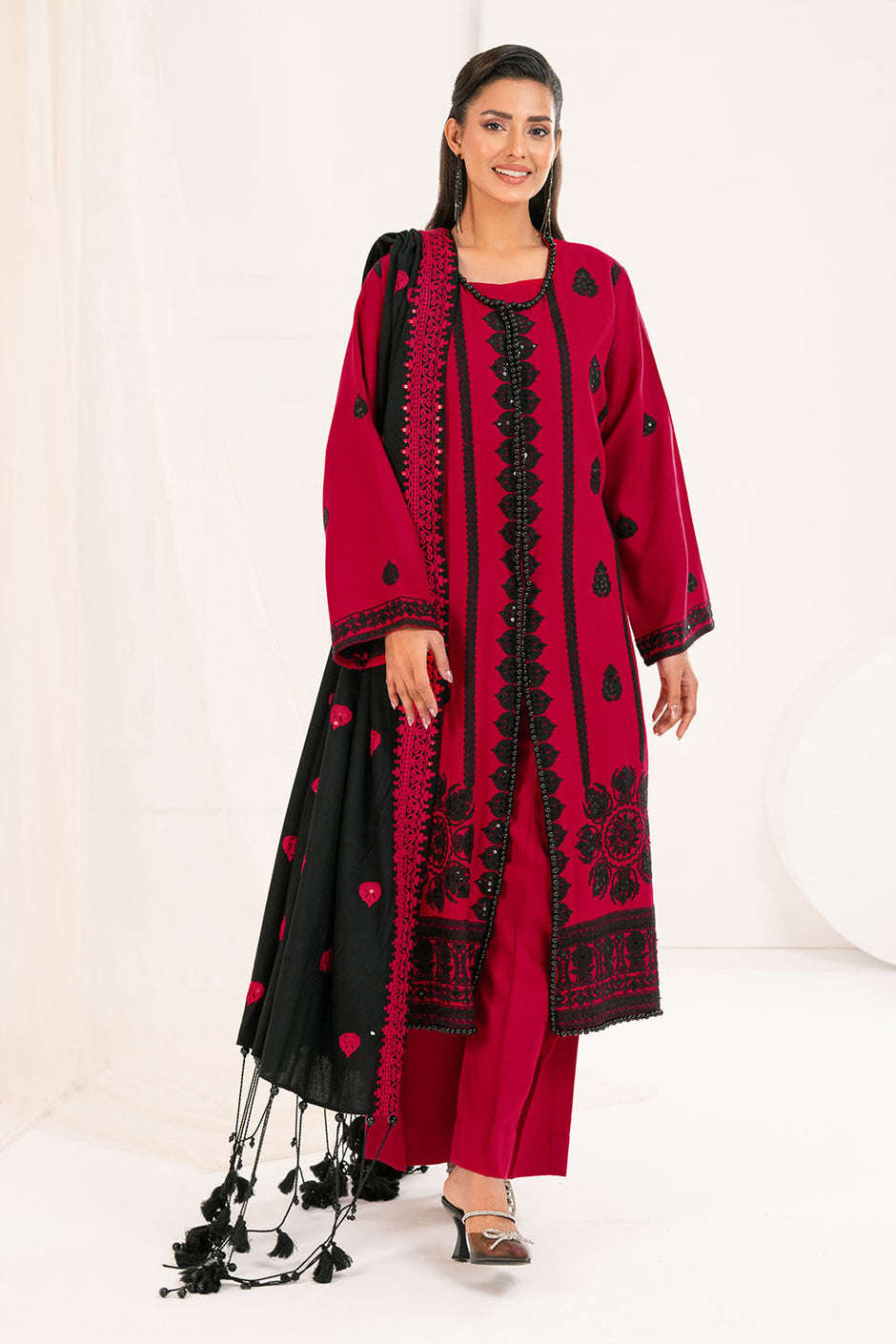 3 Piece Unstitched Embroidered Pashmina Suit with Embroidered Shawl and Chalk Border