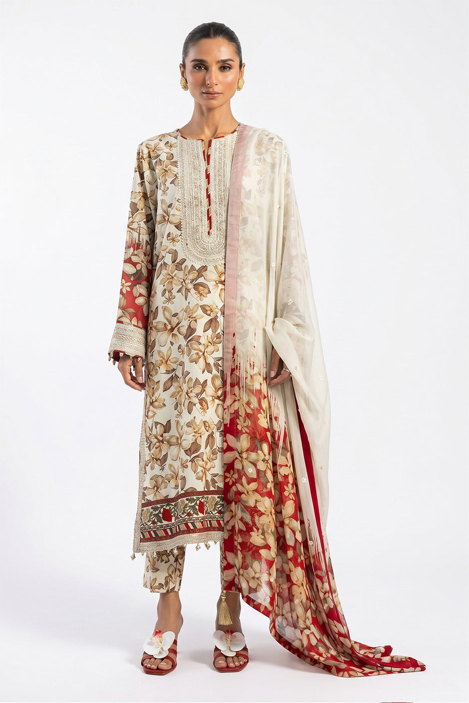 3 Piece Printed Lawn Suit with Embroidered Organza Details and Embroidered Printed Chiffon Dupatta