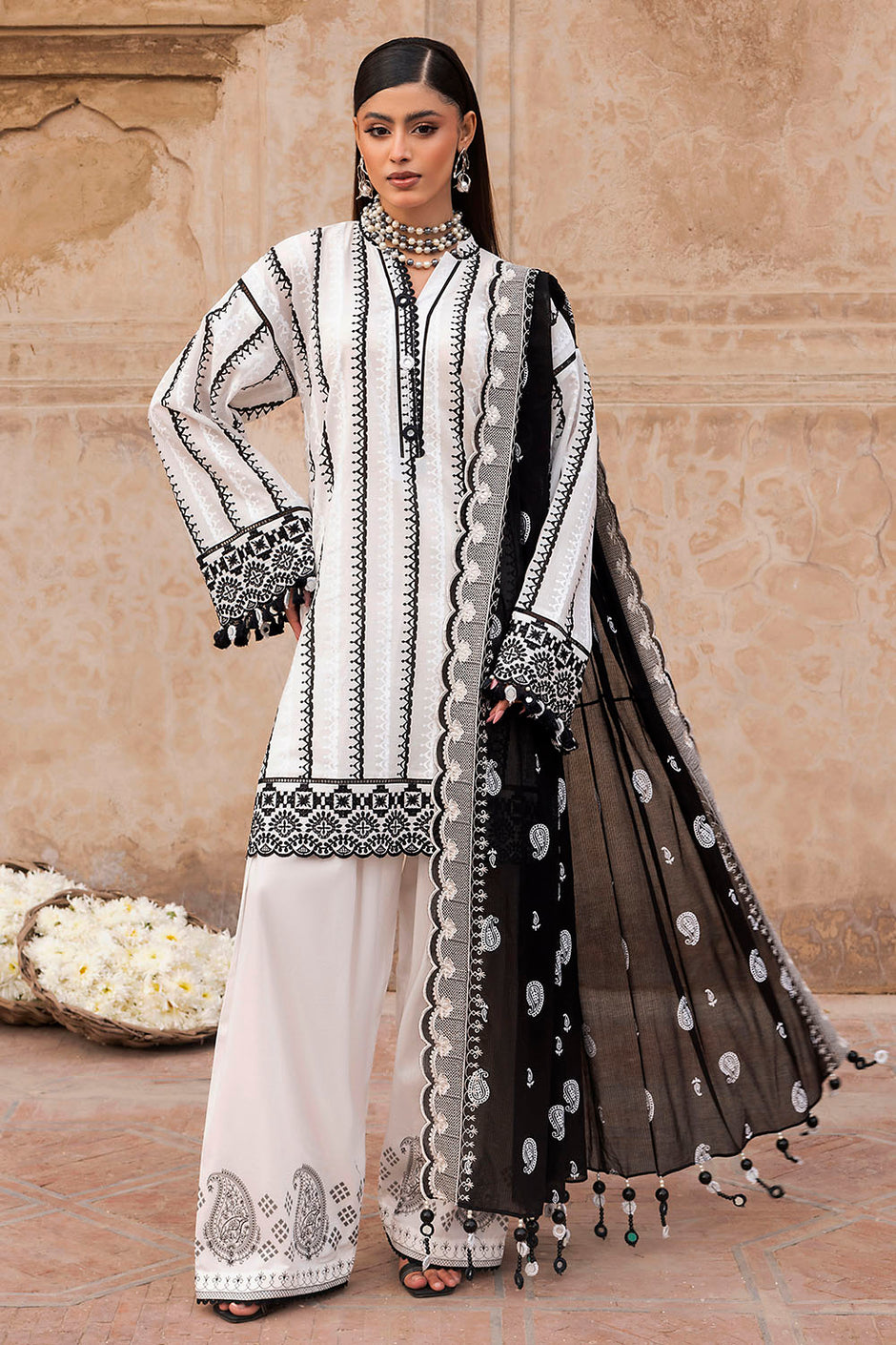 3 Piece Lacquer Printed Lawn Suit with Embroidered Lacquer Printed Denting Dupatta and Printed Trouser