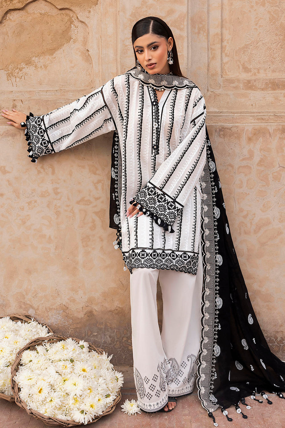 3 Piece Lacquer Printed Lawn Suit with Embroidered Lacquer Printed Denting Dupatta and Printed Trouser