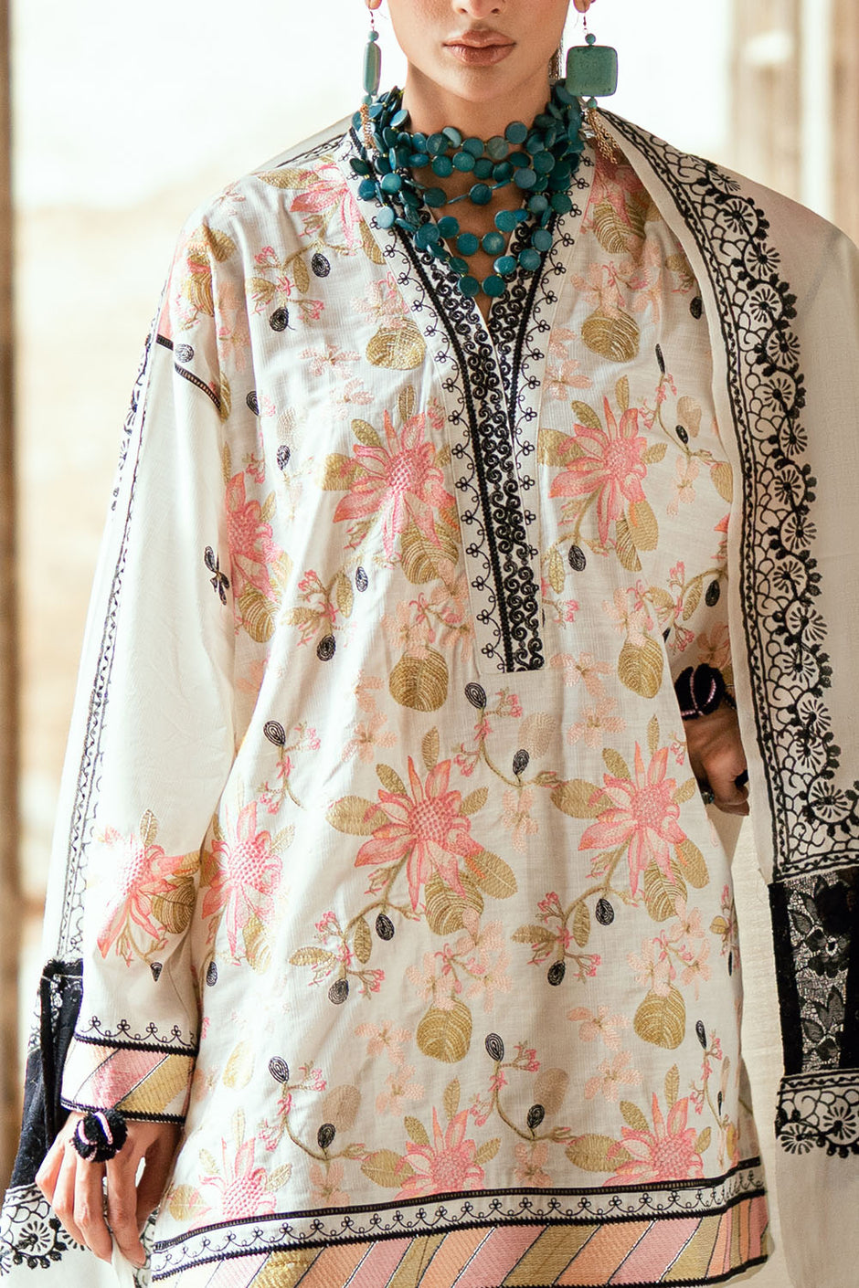 3 Piece Embroidered Lacquer Printed Pashmina Suit with Embroidered Khaddar Shirt and Trouser