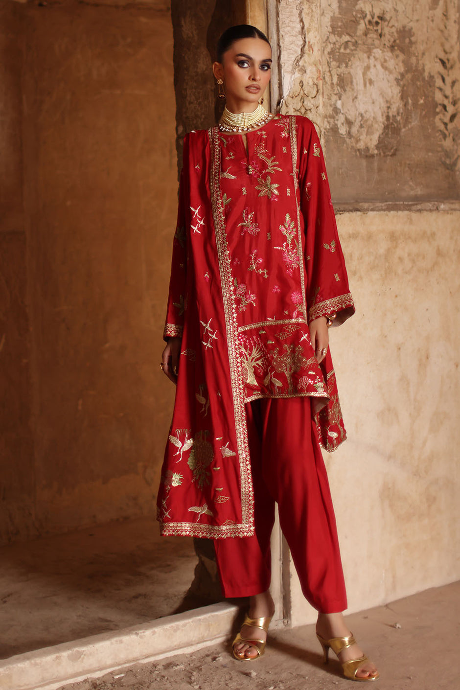 3 Piece Embroidered Raw Silk Suit with Lace and Dupatta