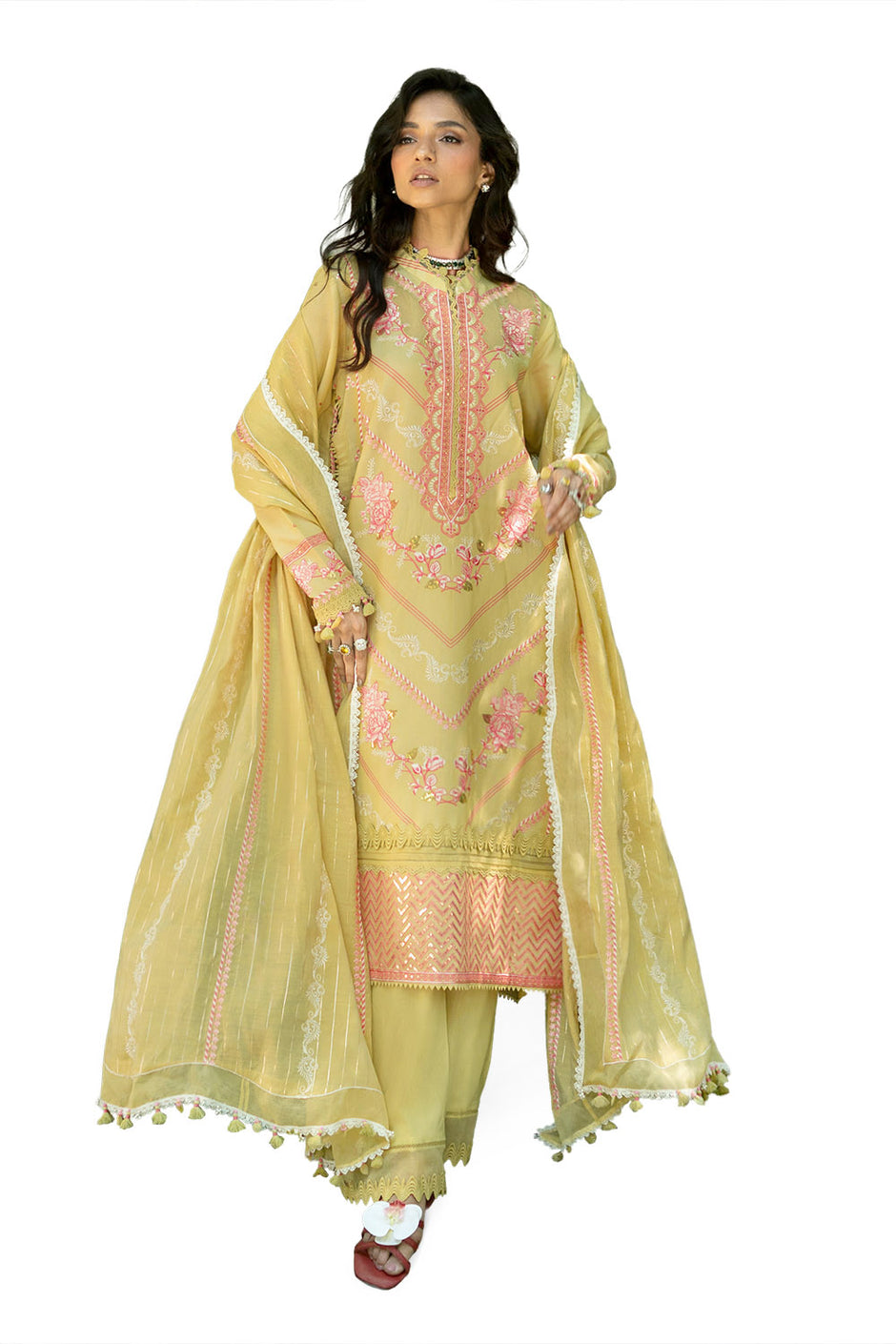3 Piece Embroidered Paper Cotton Suit with Inner and Embroidered Borders and Embroidered Zari Stripe Paper Cotton Dupatta