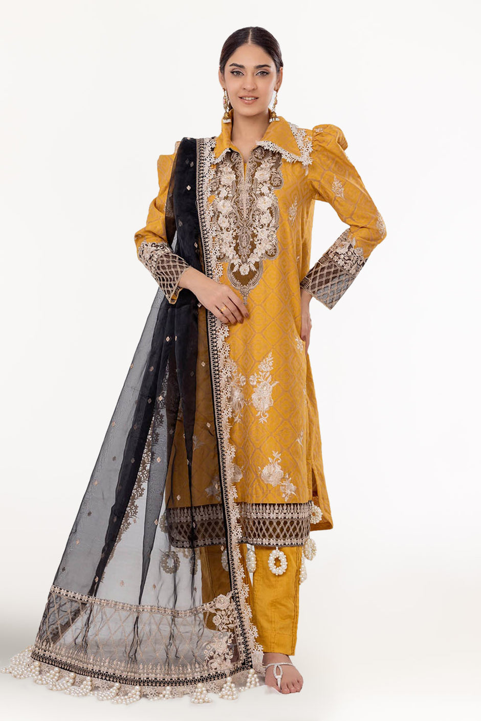 3 Piece Unstitched Embroidered Jacquard Suit with Embroidered Organza Dupatta FE-52001