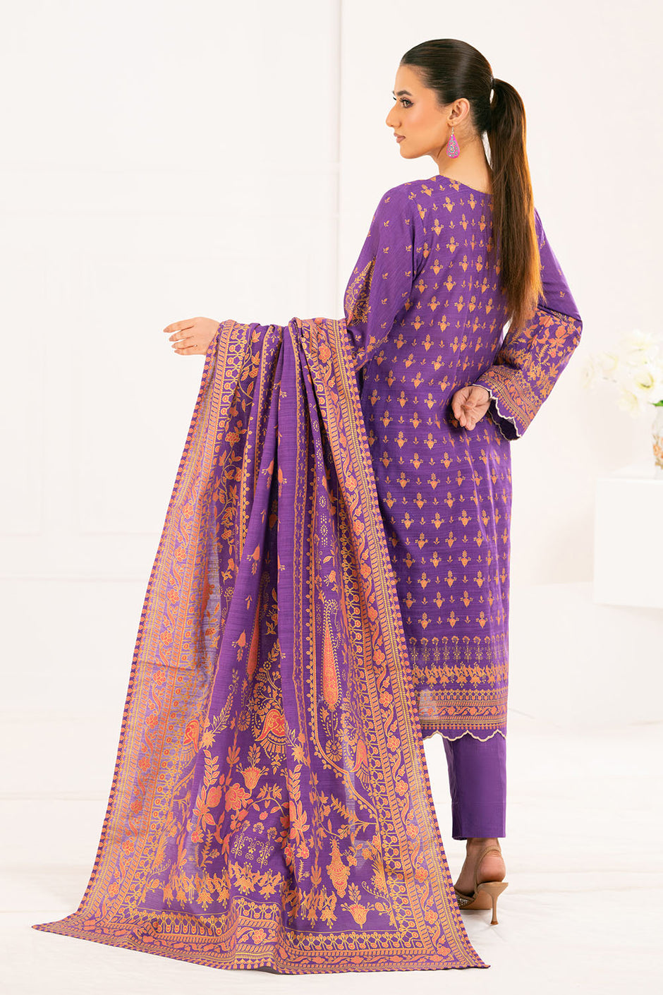 3 Piece Gold Printed Khaddar Suit with Dupatta