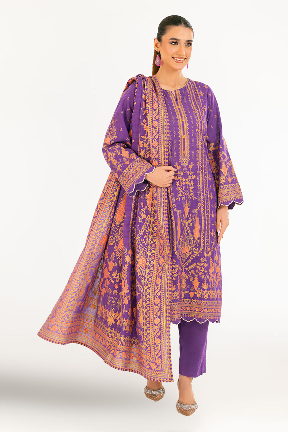 3 Piece Gold Printed Khaddar Suit with Dupatta