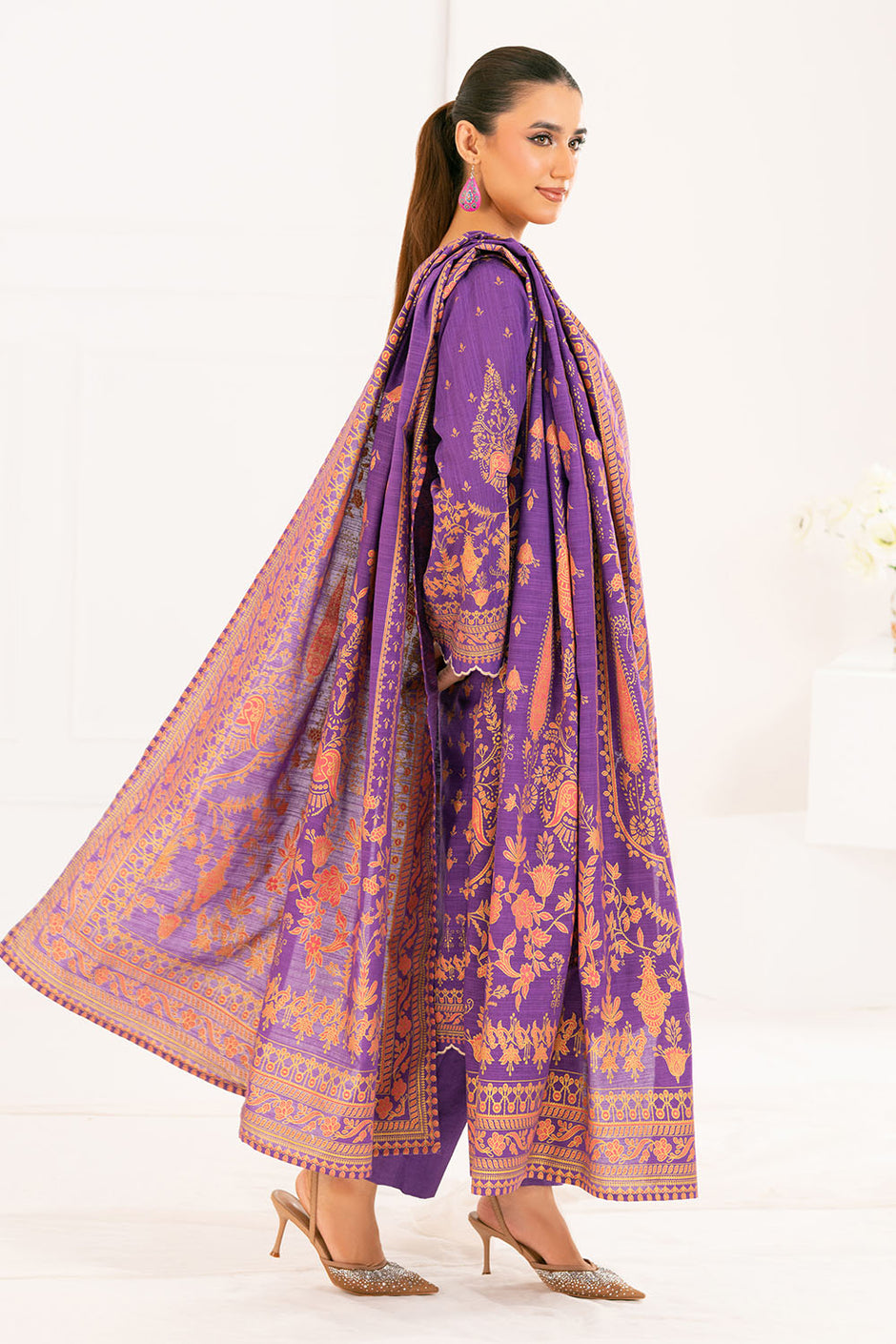 3 Piece Gold Printed Khaddar Suit with Dupatta
