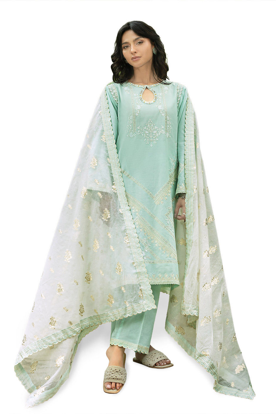 3 Piece Embroidered Lawn Suit with Embroidered Organza Details and Jacquard Dupatta