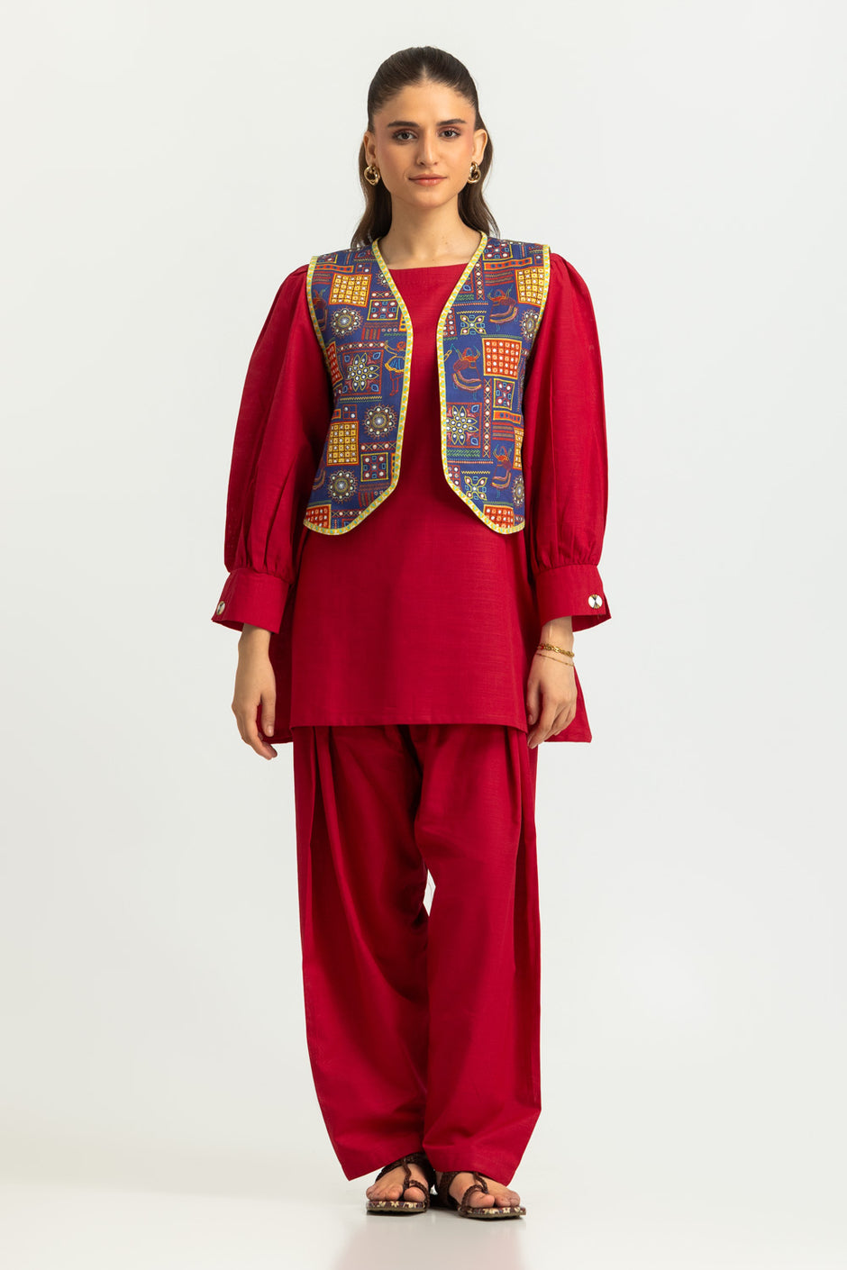 Khaddar Slub Dyed Co-Ord Set With Printed Waistcoat