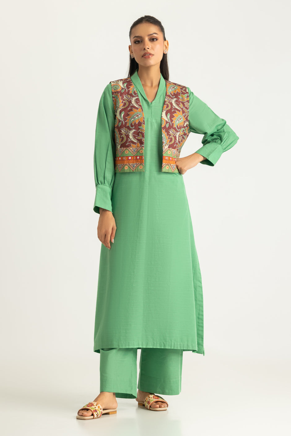 Khaddar Slub Shirt And Trouser With Printed Waistcoat