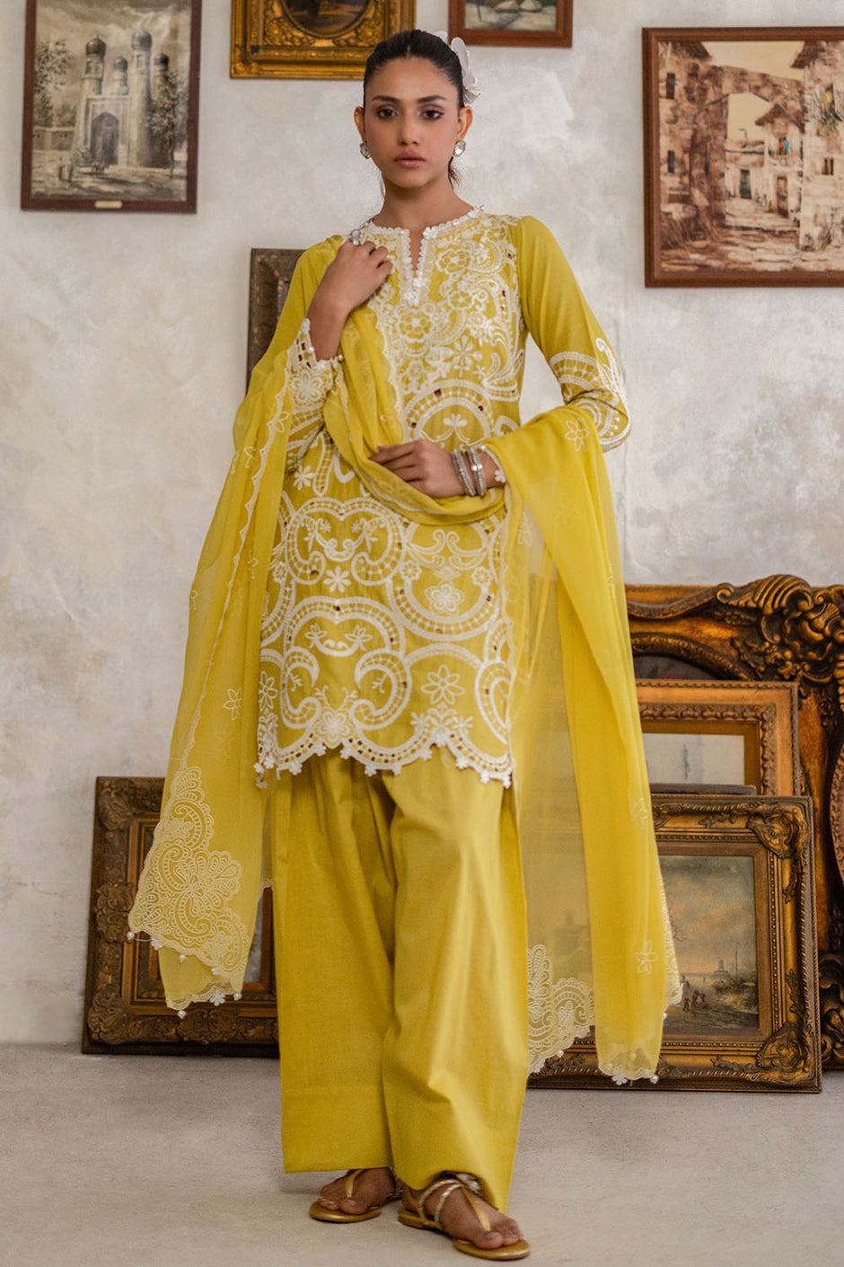 3 Piece Embroidered Lawn Suit with Lacquer Printed Chiffon Dupatta