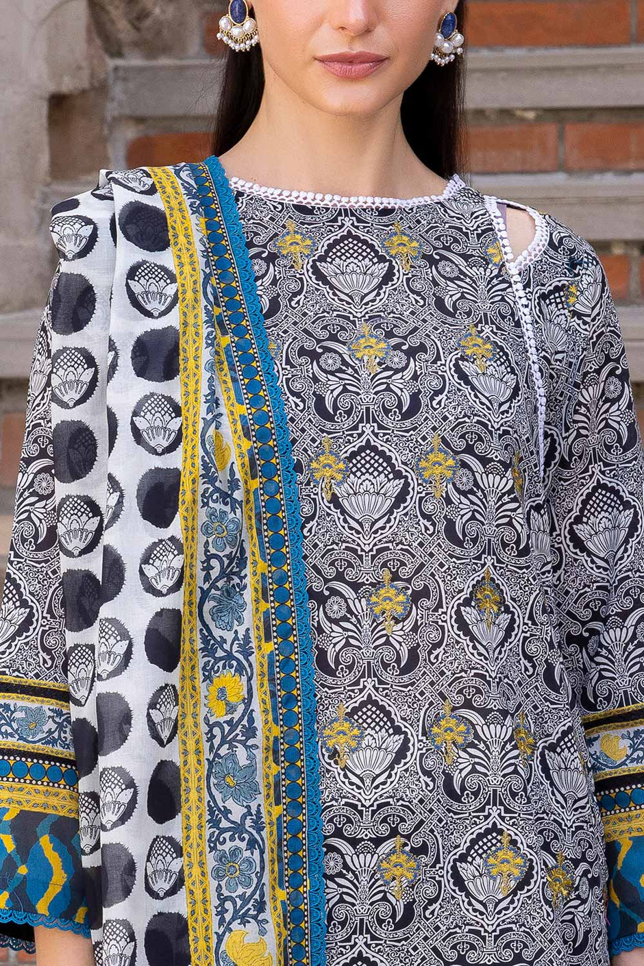 3 Piece Embroidered Printed Lawn suit with Printed Sleeves