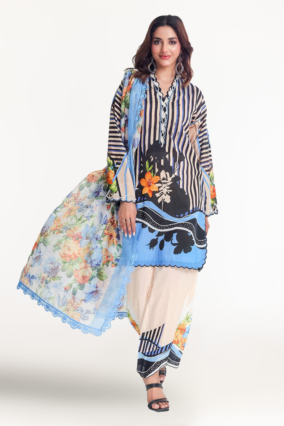 3 Piece Unstitched Printed Lawn Suit with Paper Cotton Dupatta PC-52002