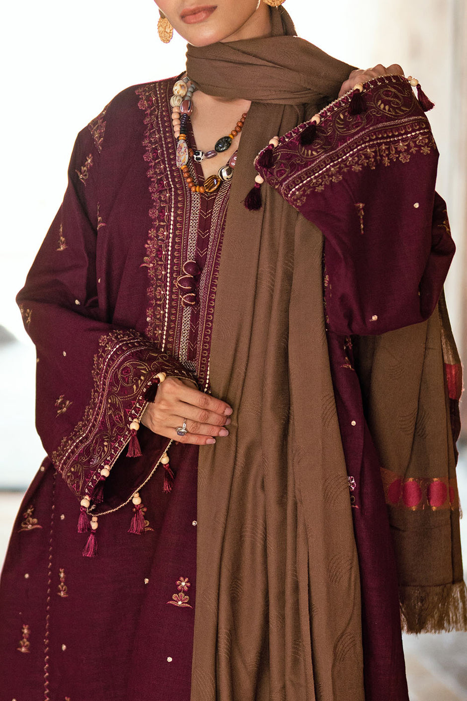 3 Piece Pashmina Suit with Embroidered Khaddar Shirt and Dyed Trouser with Organza Border