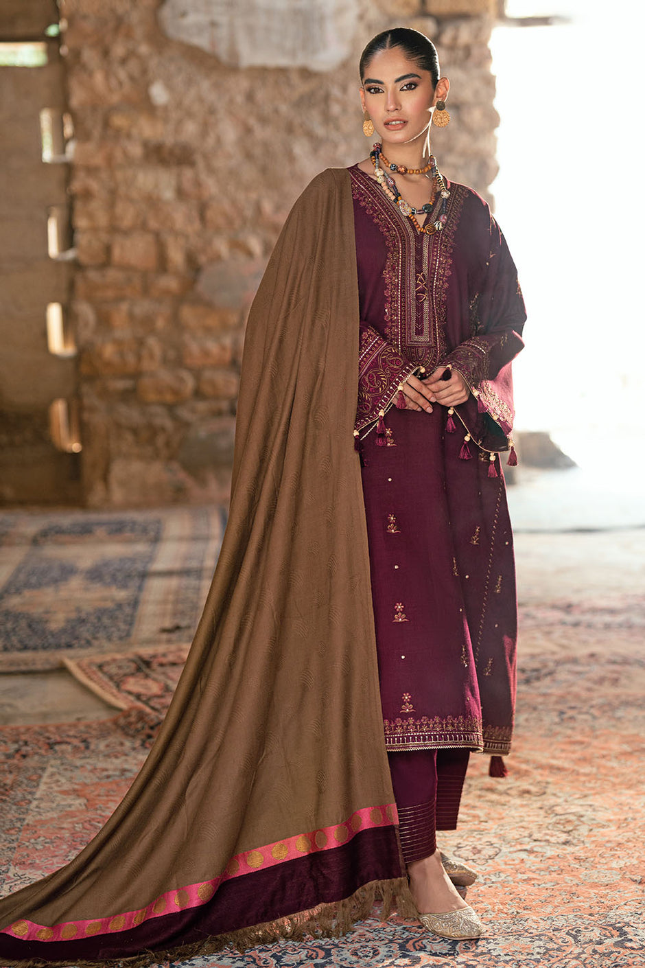 3 Piece Pashmina Suit with Embroidered Khaddar Shirt and Dyed Trouser with Organza Border