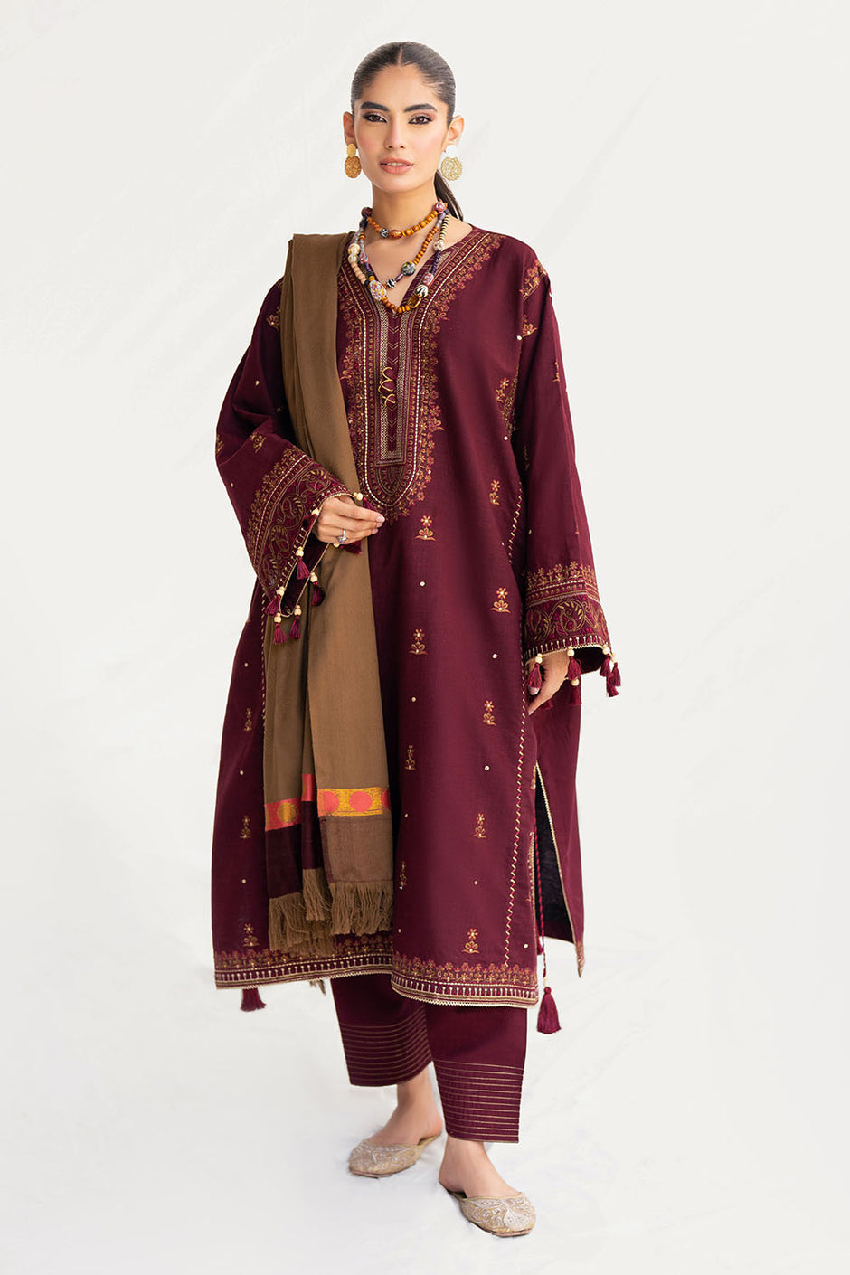 3 Piece Pashmina Suit with Embroidered Khaddar Shirt and Dyed Trouser with Organza Border