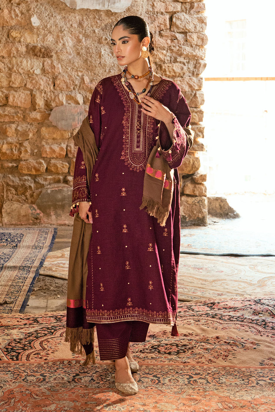 3 Piece Pashmina Suit with Embroidered Khaddar Shirt and Dyed Trouser with Organza Border