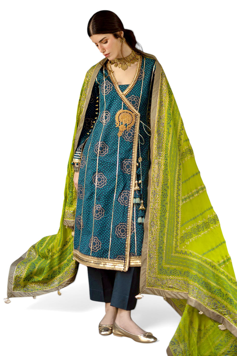 3 Piece Gold and Lacquer Printed Lawn Suit with Gold and Lacquer Printed Chiffon Dupatta and Dyed Trouser BM-62025