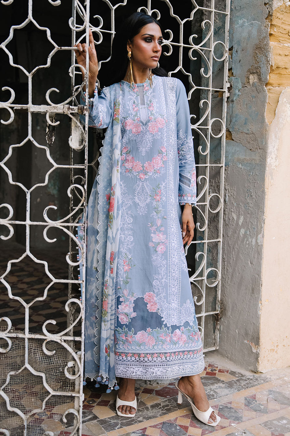 3 Piece Embroidered Lawn Suit with Borders and Printed Chiffon Dupatta