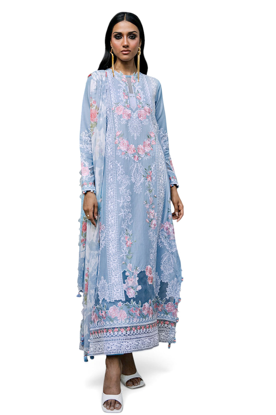 3 Piece Embroidered Lawn Suit with Borders and Printed Chiffon Dupatta
