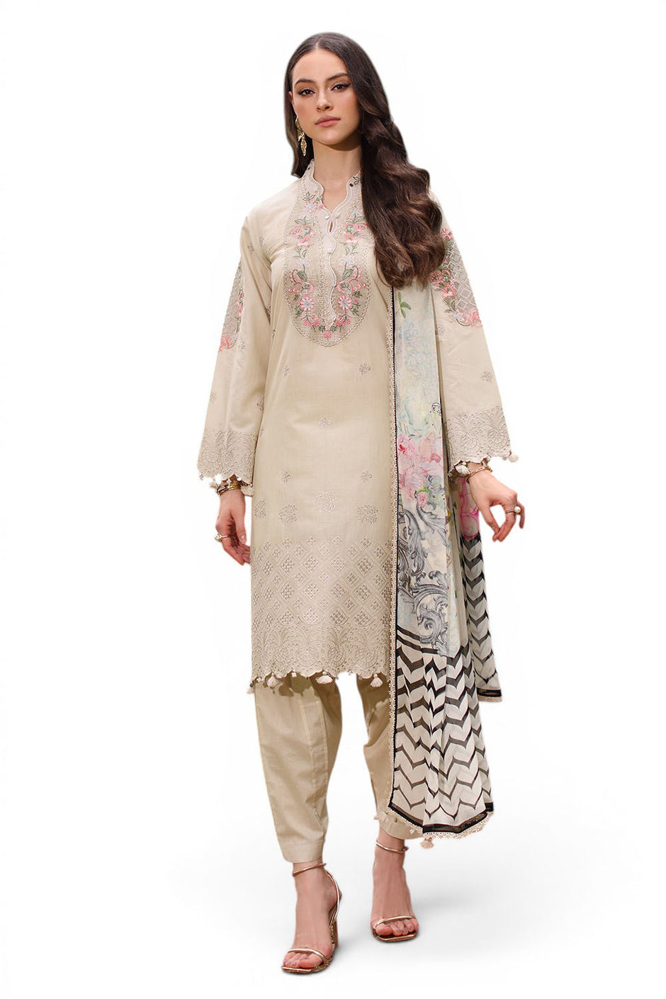 3 Piece Embroidered Lawn Suit with Chiffon Dupatta