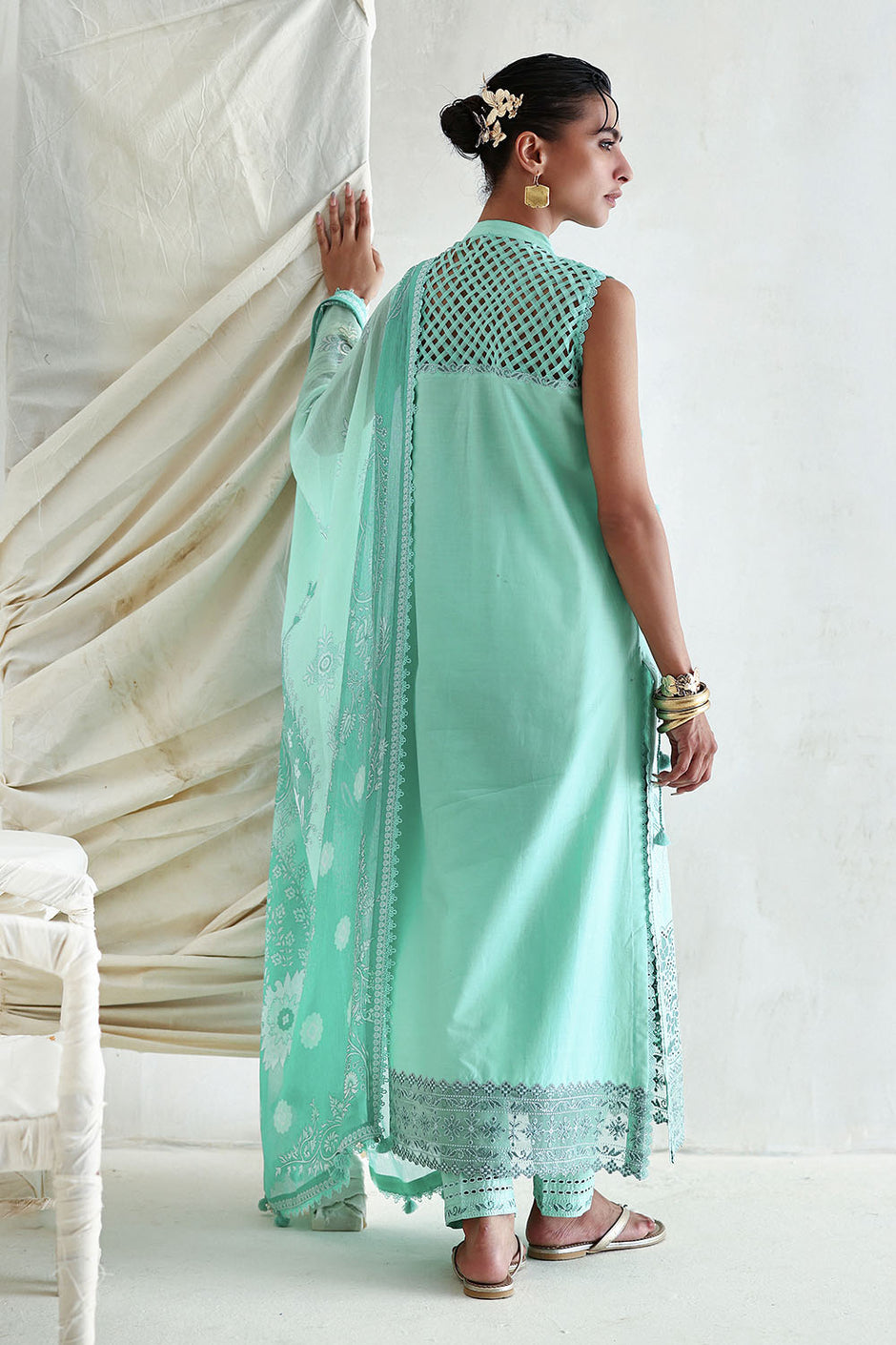 3 Piece Embroidered Lawn Suit with Printed Chiffon Dupatta and Embroidered Borders