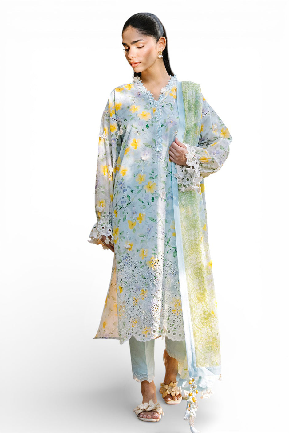 3 Piece Embroidered Printed Lawn Suit with Printed Chiffon Dupatta